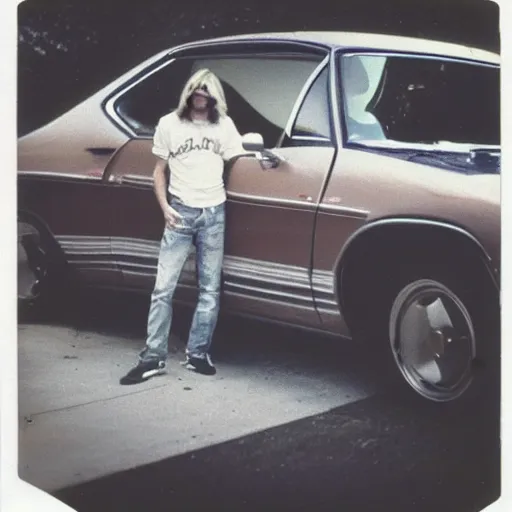 Image similar to vintage polaroid photo of Kurt Cobain next to his Ford Pinto (1987)