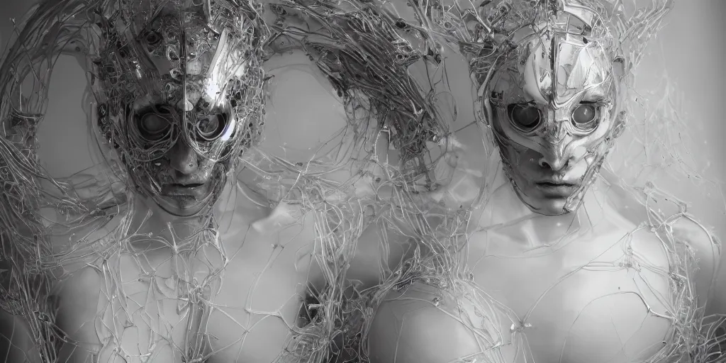 Image similar to hyperrealistic photography of a stunningly beautiful cyborg male, consciences being installed sci - fi, intimate, intricate filigree, fibonacci, in the style of beth cavener, jin kagetsu, and wlop, highly detailed, chrome face symmetry, masterpiece, award winning, sharp focus, concept art, high key, ambient lighting, 8 k, octane render,