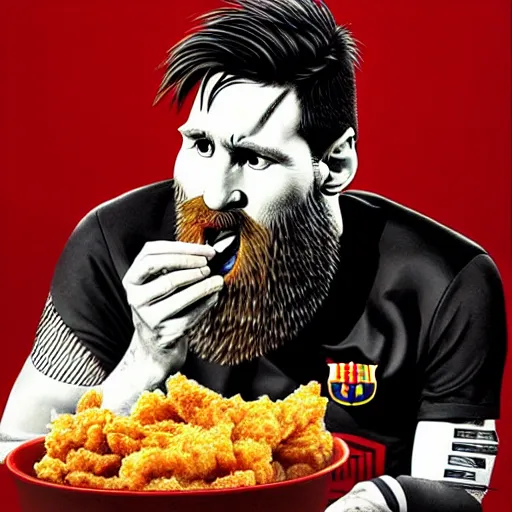 Image similar to lionel messi with a majestic beard eating a kfc zinger by yaacov agam