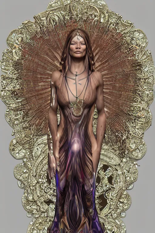 Image similar to a realistic ciematic photo of a beautiful ancient alien woman goddess kate moss shiva standing in iris van herpen dress jewelery and fractals in style of alphonse mucha art nuvo dmt trending on artstation made in unreal engine 4