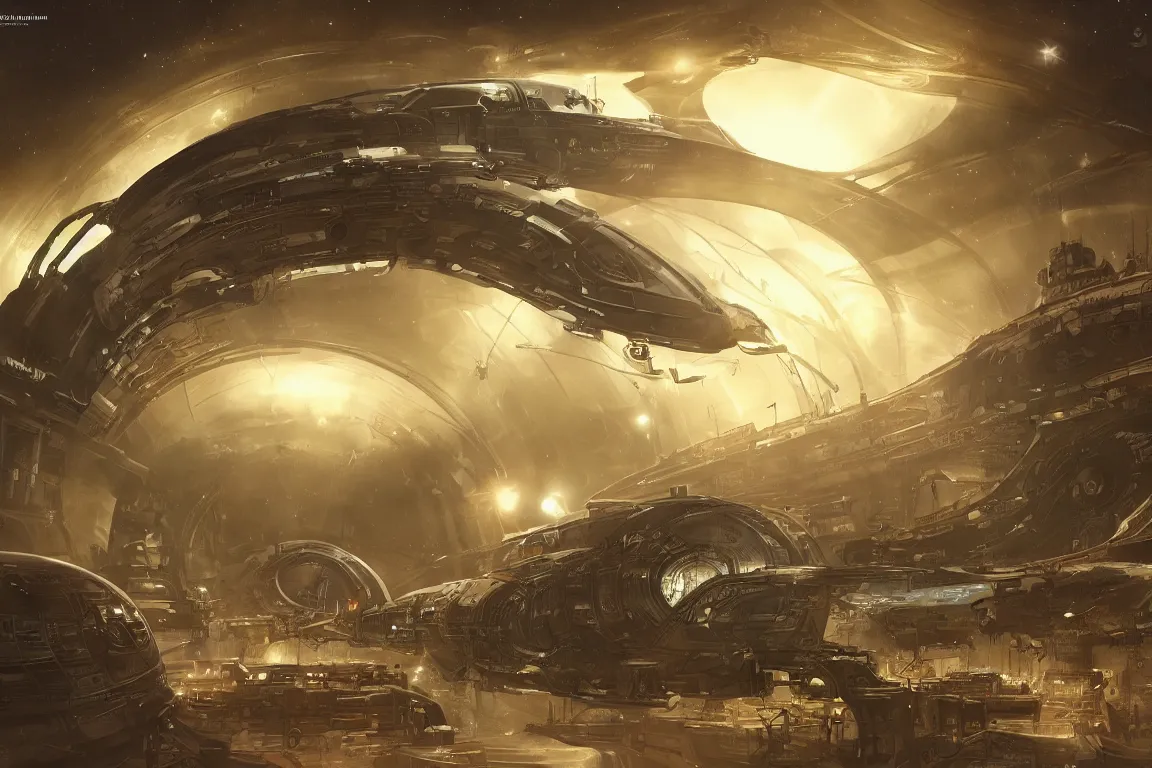 Image similar to A hyperspace tunnel floats above an alien planet, and inside it is a steampunk spaceship with similarities to an insect, Artstation