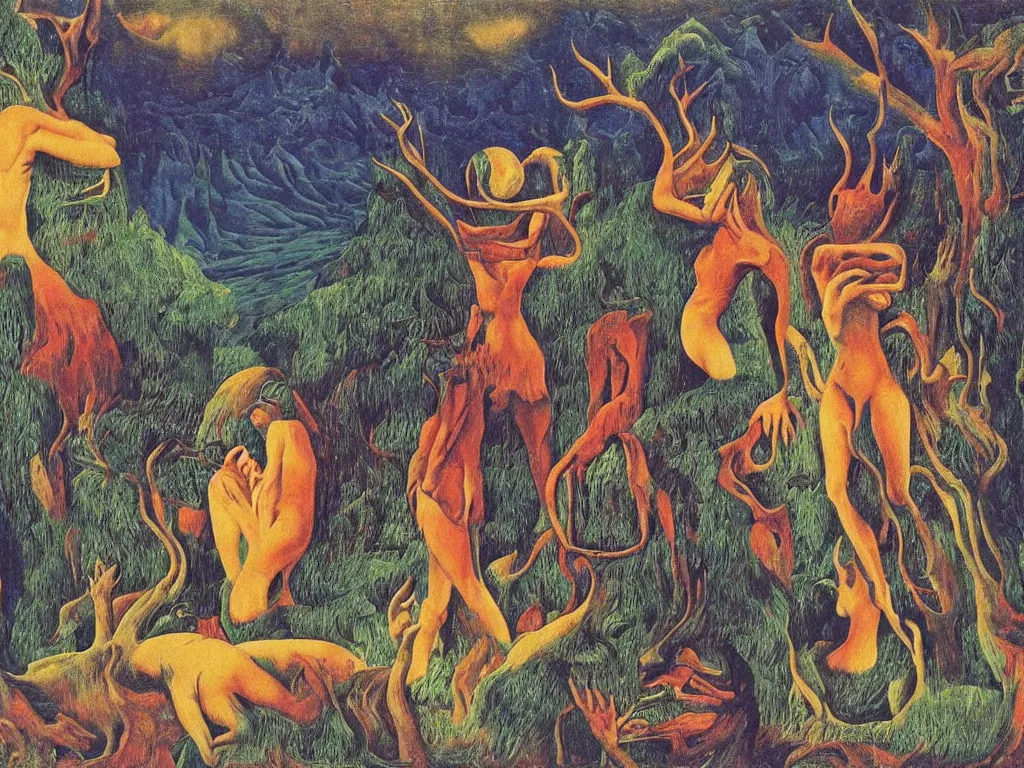 Image similar to dreamless night, sweaty mountain, the antler people, African mask, acid rains. Painting by Rene Magritte, Jean Delville, Max Ernst, Maria Sybilla Merian