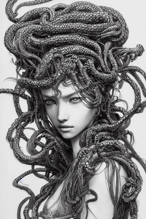 Image similar to Portrait of Medusa, pen and ink, intricate line drawings, by Yoshitaka Amano, Ruan Jia, Kentaro Miura, Artgerm