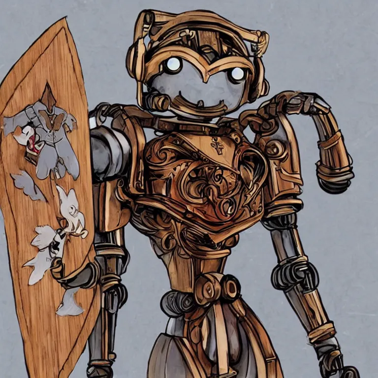 Image similar to a medieval robot made of wood dressed like sailor moon, award - winning digital art