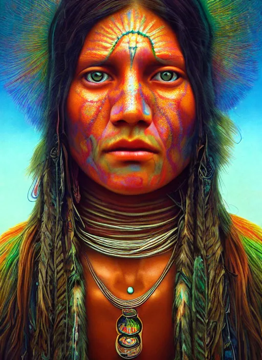 Image similar to portrait ultra dimensional native american woman girl shaman, accidentally tripping on dmt and acid, psychedelic experience, overwhelming psychosis of self realization and burning awakening, ultra high definition, unreal engine 5, hyperrealism, masterpiece composition, by casey weldon, barclay shaw