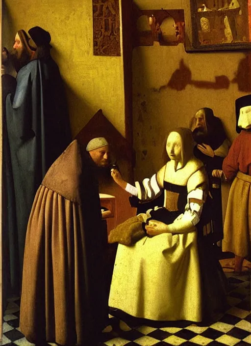 Prompt: date at the crowded medieval inn. Medieval painting, by Johannes Vermeer, Jan van Eyck
