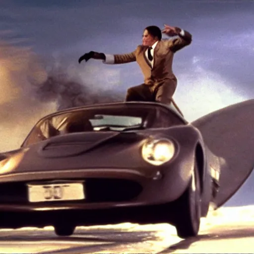 Prompt: man chased by a flying car, still of James bond movie