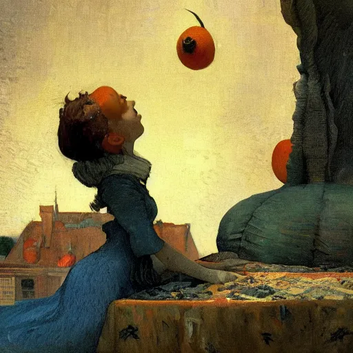 Prompt: james and the giant peach!!!!! illustrated by johannes vermeer, greg rutkowski, gaston bussiere, van gogh, davinci, and zdzisław beksinski, award - winning, cgsociety contest winner