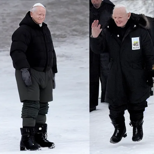 Prompt: john paul ii standing in a black puffed nuptse, black cargo pants and high black boots