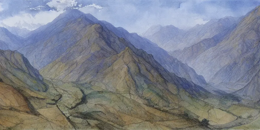 Image similar to art by john howe of the cinematic view of the yili apricot valley