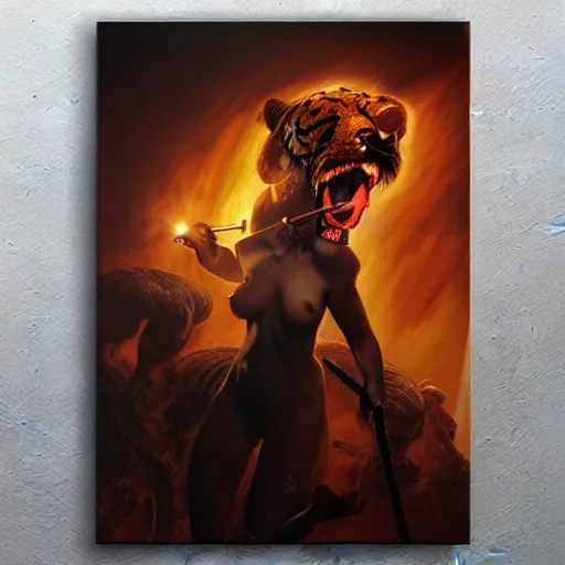 Image similar to ultra realistic portrait painting of a woman riding a saber tooth tiger surrounded by fire, art by frank frazetta, vintage levi ’ s ad, stormy weather, dark vibes, 4 k, ultra realistic, highly detailed, epic lighting