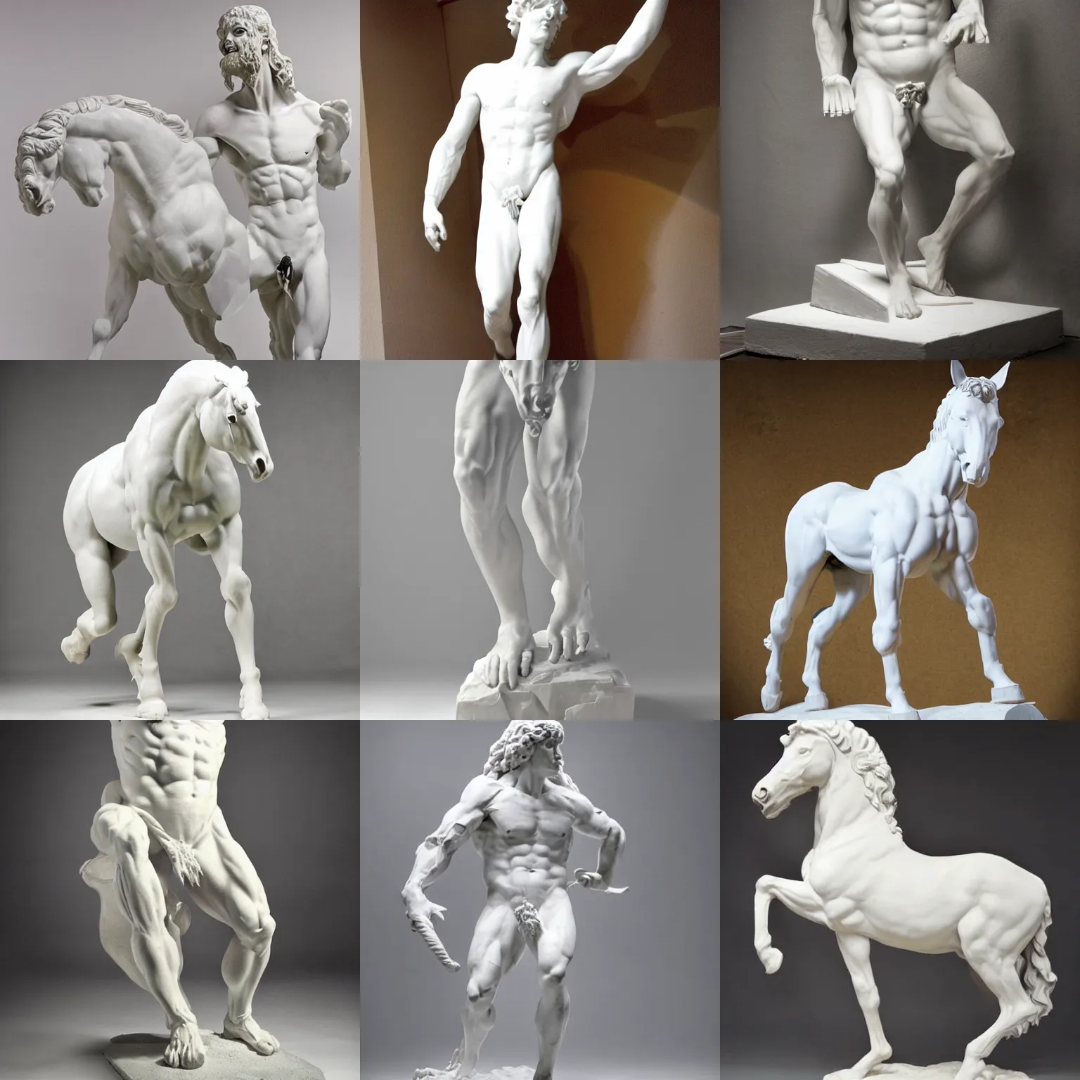 Prompt: studio photo of a white greek statue of a centaur!!! centaur centaur, human chimera, human torso horse legs, hooves, taur, centaur, chiron