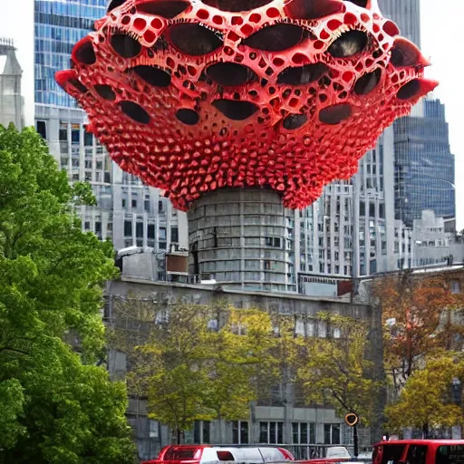 Image similar to a building of the shape of an amanita muscaria in the New York City skyline