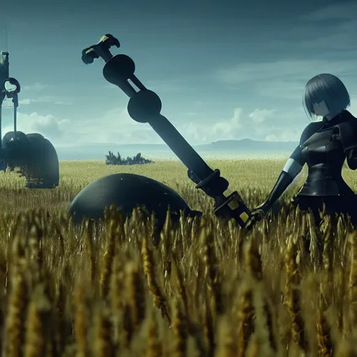 Image similar to a very high resolution image from nier : automata, featuring 9 s android fighting a t 3 4 tank in yellow rye field under pure blue skies