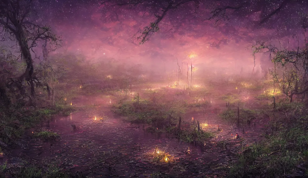 Prompt: swamp at night, stars, path, lanterns, torches, fireflies, bioluminescence, vines, fire, stream, fog, by takehiko inoue and kim jung gi and hiroya oku by thomas kinkade and greg rutkowski and ilyaku, trending on artstation, photorealistic, octane, hyper detailed, trending on deviantart