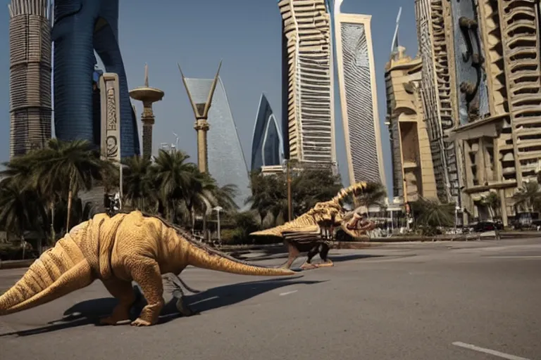 Image similar to cinematography dinosaurs in the streets of Abu Dhabi by Emmanuel Lubezki