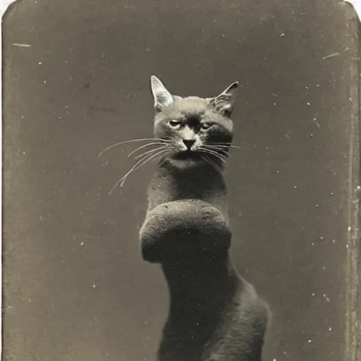 Prompt: daguerrotype of rare photo of cat dancing on hind legs from 1 8 7 9, vintage 1 9 th century photography