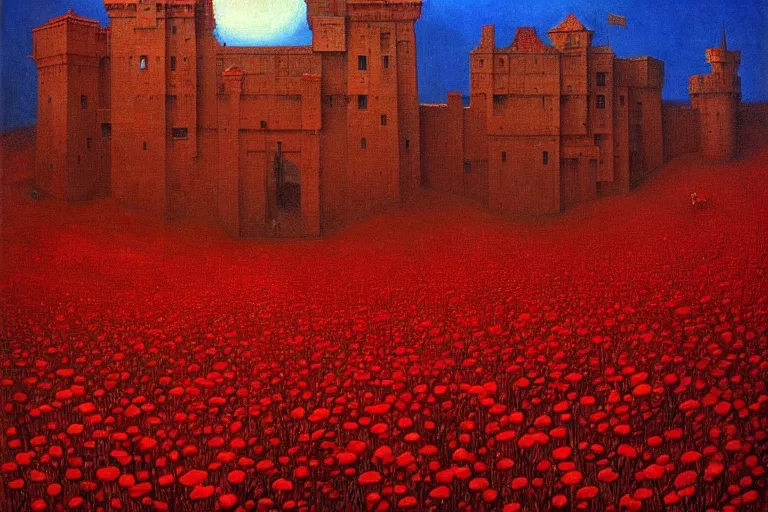 Image similar to only with red, red flowers of different types, a red tiger, a castle in the background, medieval demons dance over the flowers, an ancient path, in the style of beksinski, part by hopper, part by rodcenko, part by hofbauer, intricate composition, red by caravaggio, insanely quality, highly detailed, masterpiece, red light, artstation