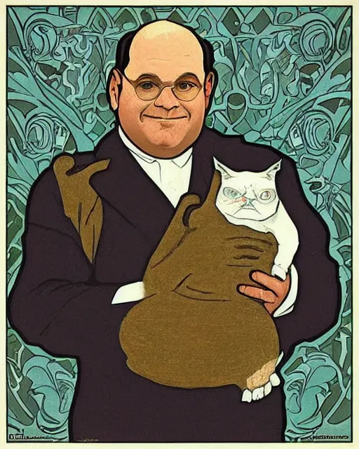 Image similar to “ george costanza!!!!!!!!!!!!! from seinfeld holding grumpy cat, halo, art nouveau, extremely detailed, by alphonse mucha ”