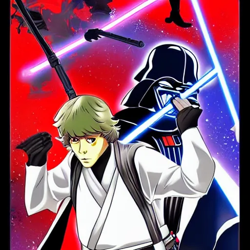 Image similar to Luke Skywalker dueling Darth Vader, Star Wars, anime, art in the style of Koyoharu Gotouge, detailed, high quality