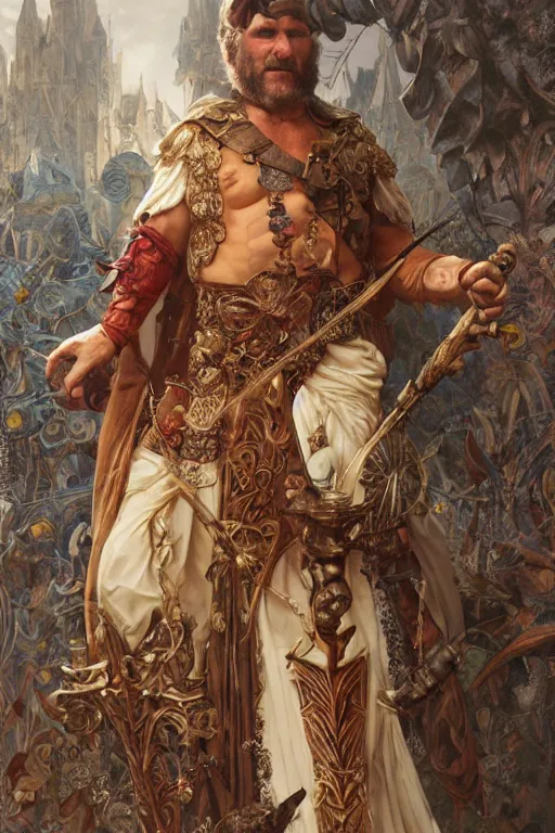 Image similar to an ultradetailed full body portrait of robin williams dressed as sheogorath, d & d, fantasy, intricate, elegant, highly detailed, digital painting, matte, sharp focus, illustration, art by john collier and albert aublet and krenz cushart and artem demura and alphonse mucha