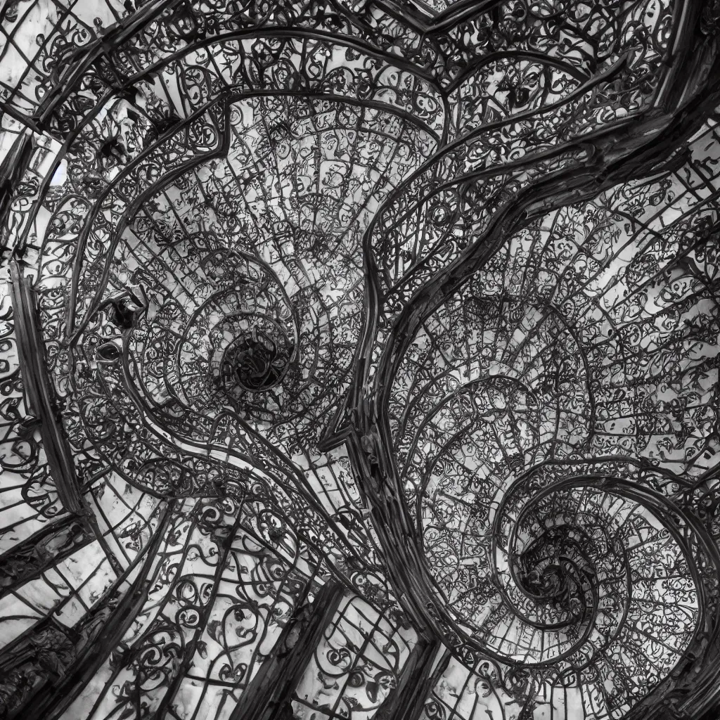 Image similar to , pareidolia. grand spiral stairs going down deep in the dark, with many doors ad ornamented widows, architecture by antoni gaudi, dramatic volumetric, cinematic light, cinematic photography, hyperrealist, high detailed