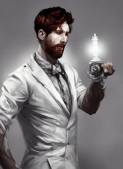 Image similar to a highly detailed illustration of short ginger haired man wearing white suit, dramatic holding chess piece pose, intricate, elegant, highly detailed, centered, digital painting, artstation, concept art, smooth, sharp focus, league of legends concept art, WLOP