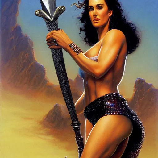 Image similar to A painting of Jennifer Connelly wearing a chainmail bikini and holding a sword ,by by Boris Vallejo , Julie Bell , Brom , Frank Frazetta ,Jeff Easley, cinematic, Norman Rockwell ,trending on artstation , rule of thirds ,HD 4k , focus face , body