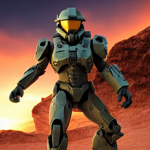 Image similar to ultra realistic on location photograph of master chief on a desert planet. epic image. action pose. explosions. sunrise. canon. carl zeiss