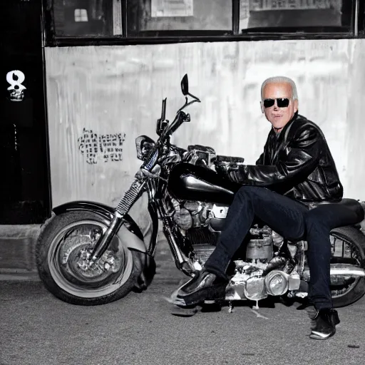 Prompt: cinematic shot of Joe Biden wearing sunglasses and a black leather jacket and jeans smoking a cigarette and sitting on a motorcycle outside of a bar at night, 8k,