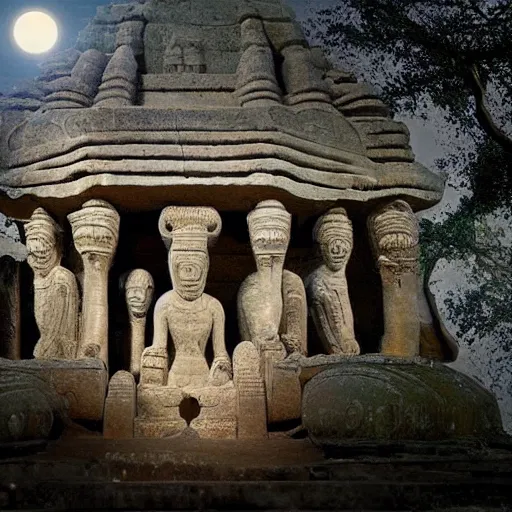 Prompt: photo, inside an ancient alien african indian stone overgrown temple with intricate detailed beautiful carvings and a giant huge massive statue of a ancient alien king sitting in a pool of moonlight, low fog and haze