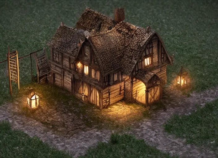Image similar to medieval vampire village house, 3d model, miniature, iso, isometric view, gas lighting, stone and wood, dead tree, digital art, unreal engine