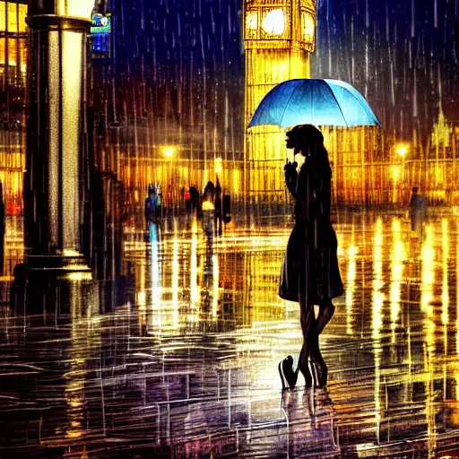 Prompt: of london city at night in the rain reflections and a beautiful women with an umbrella artistic digital art lots of detail cinematic uplighting