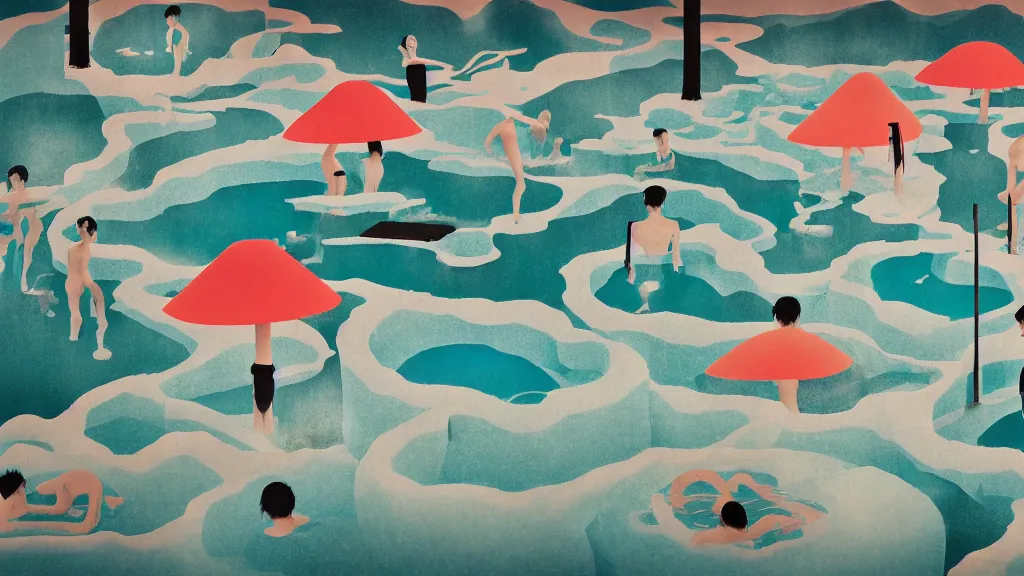 Image similar to japan natural hot spring, a collage painting, in the style of wes anderson, lola dupre, david hockney, isolated on negative white space background dark monochrome neon spraypaint accents volumetric octane render