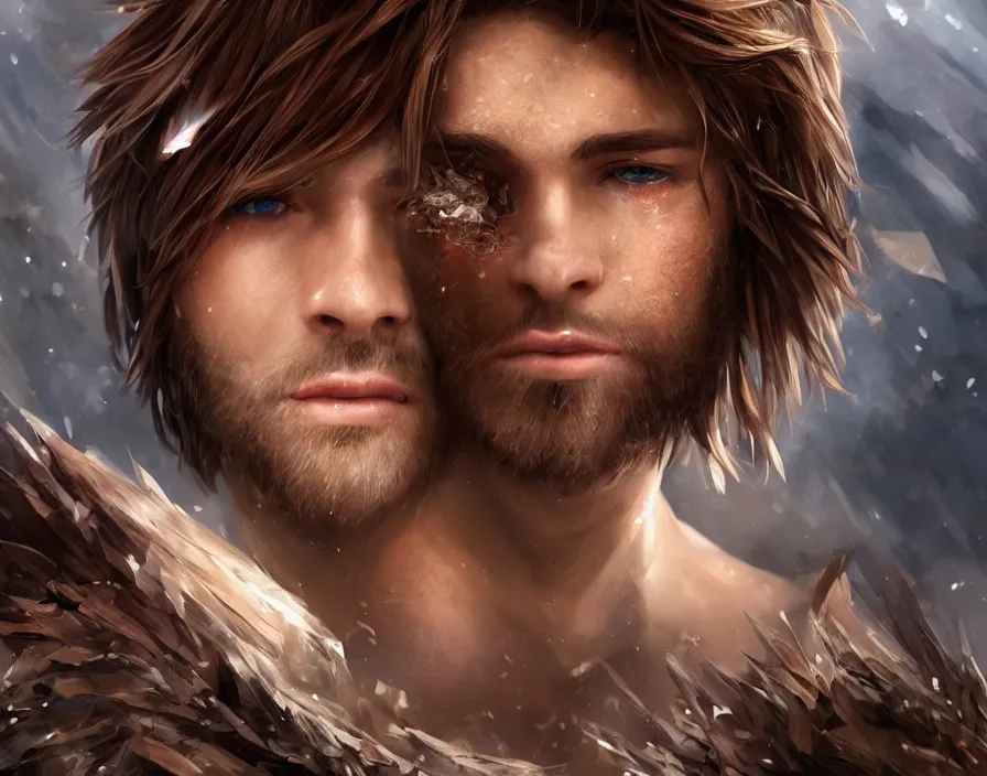 Prompt: male human face with crystal shards, realistic red eyes, brown hair, brown beard, beautiful graphics, fantasy artwork, very beautiful scenery, hd, hdr, ue 5, ue 6, unreal engine 5, cinematic 4 k wallpaper, 8 k, ultra detailed, by popular digital, details, beautiful image ever created, high resolution, artstation, award winning