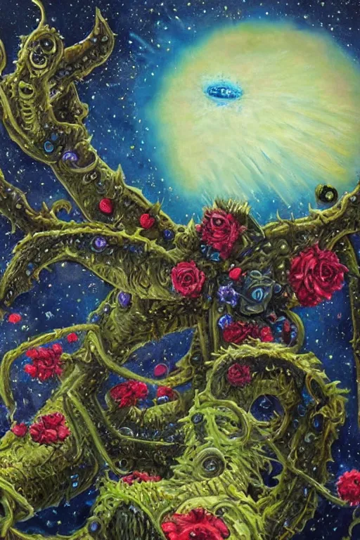 Prompt: oil painting, close-up, hight detailed, giant lovecraftian monster with flowers everywhere beneath night stars mixed with blue sky, in style of 80s sci-fi art, neodada