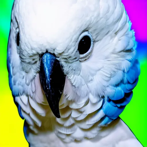 Prompt: a derpy white cockatoo with blue eyes at a rave party, 4 k, detailed, very colorful, realistic