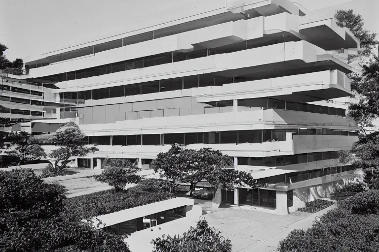 Prompt: a suburban office headquarters designed by Paul Rudolph