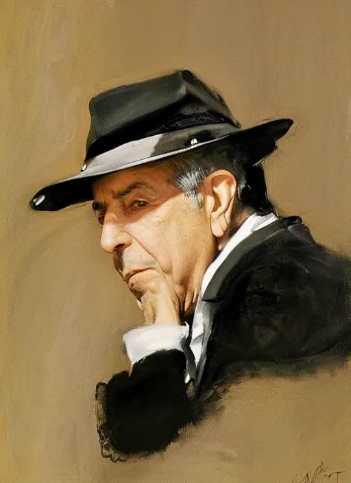 Prompt: Leonard Cohen, wearing a trilby hat, portrait by John Singer Sargent, by Frank McCarthy, by Robert McGinnis