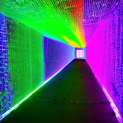 Image similar to mirror tunnel colored laser show, 8 k