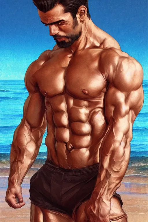 Image similar to gigachad bodybuilder luigi at the ocean by ilya kuvshinov, ernest khalimov body, super mario bros symmetrical face concept art, hyper realistic, intricate, elegent, highly detailed, digital painting, concept art, smooth, sharp, focus, illustration, art by artgerm and greg rutkowski and alphonse mucha, artstation