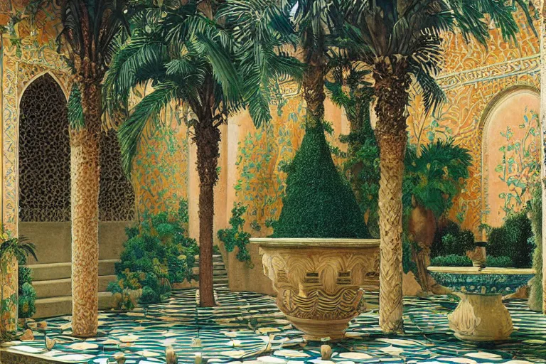 Image similar to painting of a beautiful moorish palace courtyard garden, by arkady rylov and alayna danner and maxfield parrish, patterned tilework, palm trees, tiled fountains, extremely detailed, cinematic lighting, smooth sharp focus