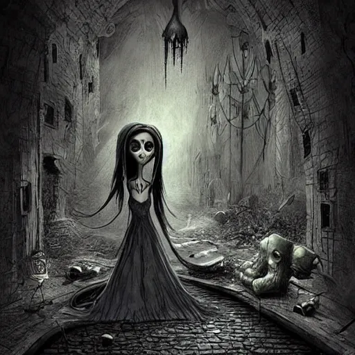 Image similar to grunge cartoon drawing of the end of the world by - michael karcz , in the style of corpse bride, horror themed, detailed, elegant, intricate