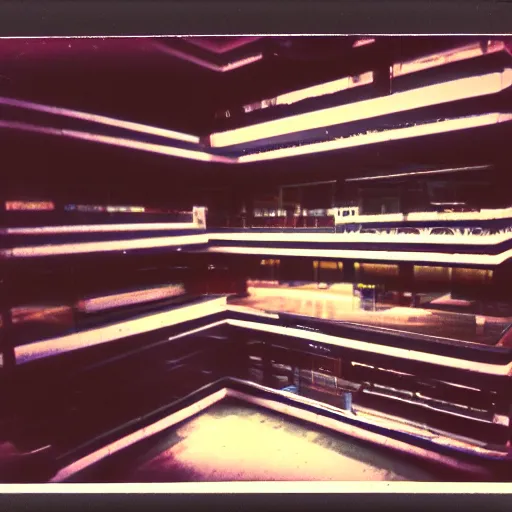 Image similar to polaroid photo of a empty mall in 80's, soft vinatge glow, nostalgic blurr