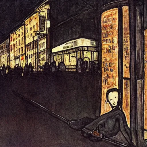 Prompt: a some people waiting in a lone bus stop in quiet dark city night, high quality, high resolution,detailed, by egon schiele 1960s