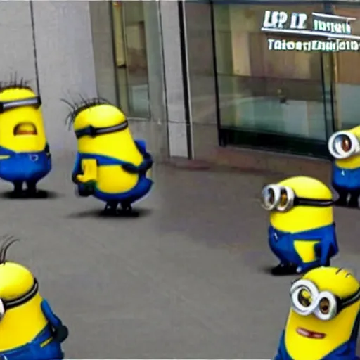 Prompt: Minions robbing a bank, caught on CCTV