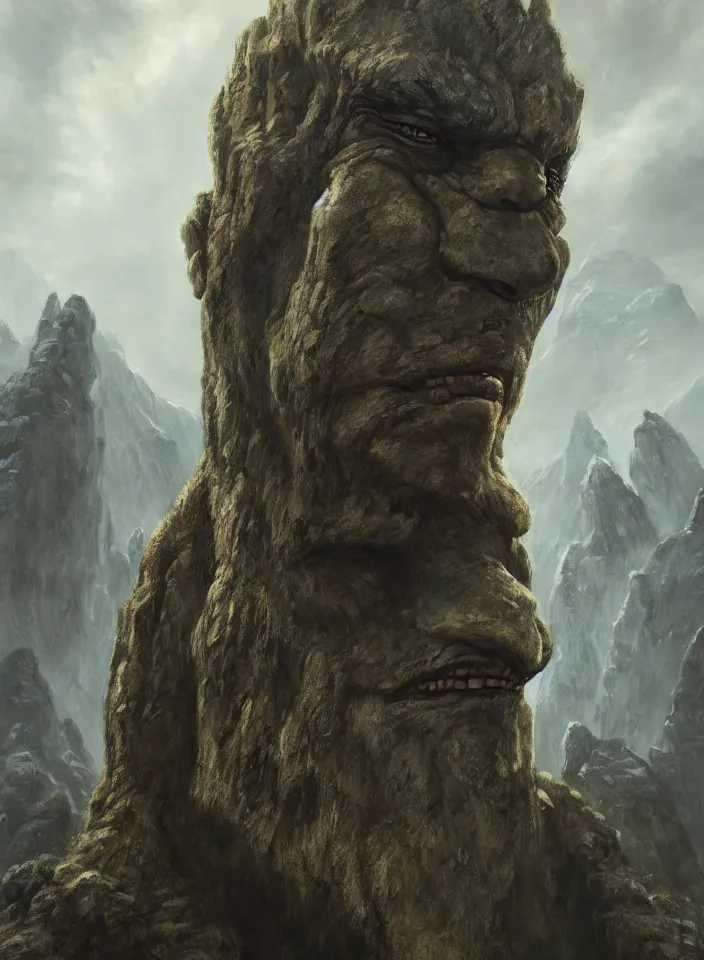 Image similar to a face portrait of a giant rock troll from skyrim, fantasy setting, stone face, dim colors, soft lighting, atmospheric, cinematic, moody, in the style of diego koi, gina heyer, luiz escanuela, art by alyssa monk, hyperrealism, rule of thirds, golden ratio, oil on canvas, 8 k