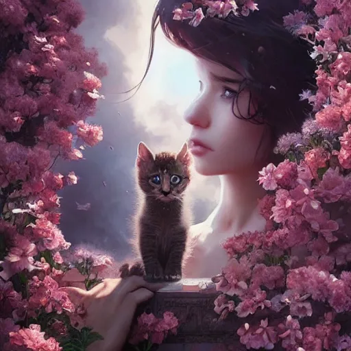 Image similar to kittens in flowers, intricate complexity, by greg rutkowski, artgerm, ross tran, conrad roset, takato yomamoto, ilya kuvshinov. 4 k, beautiful, cinematic dramatic atmosphere