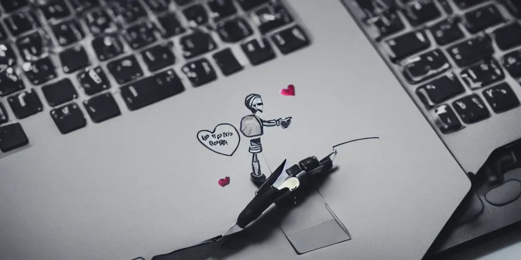 Image similar to “a tiny robot writing a letter on a keyboard laptop with hearts floating in the air”