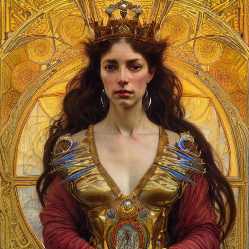 Prompt: highly detailed portrait of a majestic lioness queen in the form of a beautiful woman. d & d. art by donato giancola, eugene delacroix, ruan jia, carl larsson, alphonse mucha. trending on artstation, intricate details, energetic composition, golden ratio, concept art, illustration, elegant art, global illuminaition
